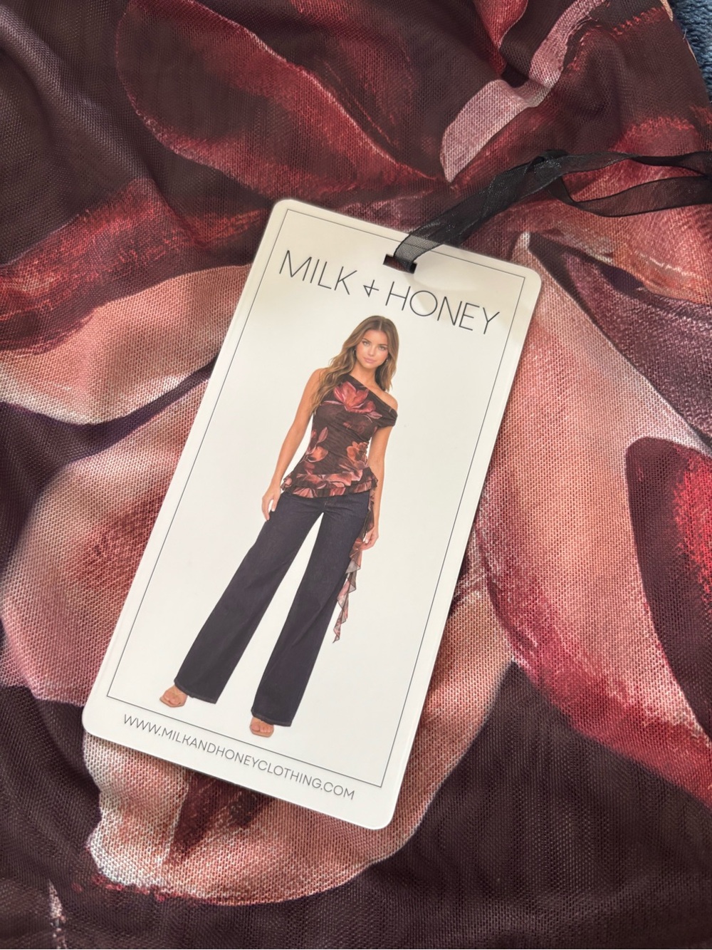 Milk + Honey Burgundy Floral Mesh Asymmetrical Ruffle Top - Medium - Picture 7 of 7